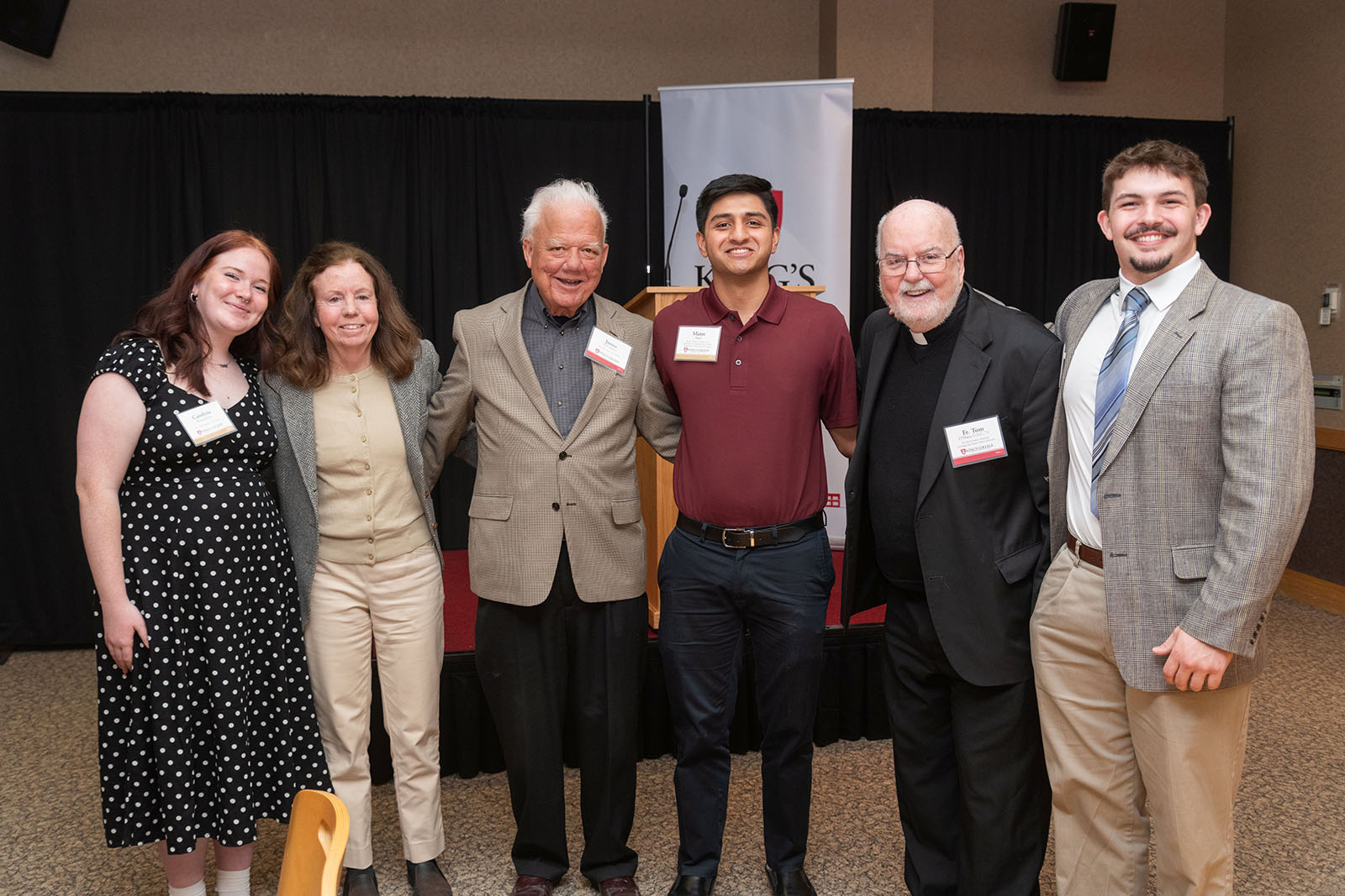 (from left to right) Carolyne Wintersteen ’27, recipient of The Crahall Foundation Scholarship; Mrs. Mary O'Connor and Atty. James C. O’Connor, sponsor of The Patrick J. O’Connor Scholarship; Mann Patel ’28, recipient of The Rev. Thomas J. O’Hara, C.S.C., Scholarship for Community Service; Rev. Thomas J. O’Hara, C.S.C., Ph.D. ’71, president emeritus and sponsor of The African Student Scholarship and The Bridget and Thomas O’Hara Scholarship; Ryan Lewiski ’26, recipient of The Martin Reardon Memorial Scholarship.
