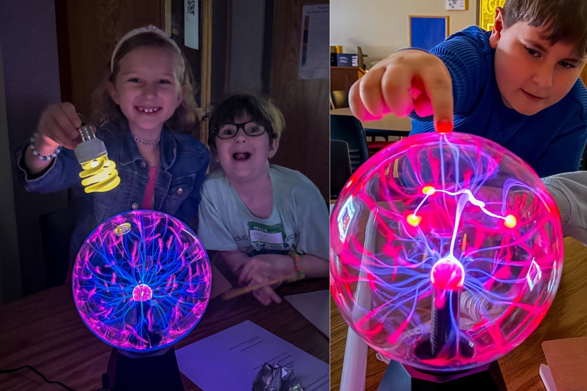 (Left) Students wirelessly light a lightbulb using a plasma ball (Right) Student touches plasma ball to show reaction.