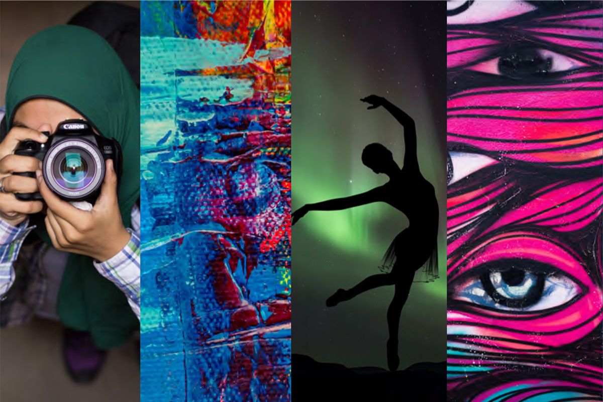Headline graphic with various samples of different types of art