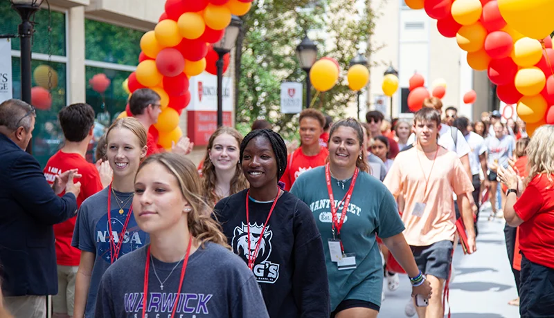 first year students walking down lane's lane at orientation