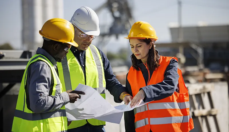 construction workers reviewing a building plan