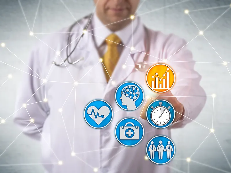 a doctor with an illustration of several healthcare statistics