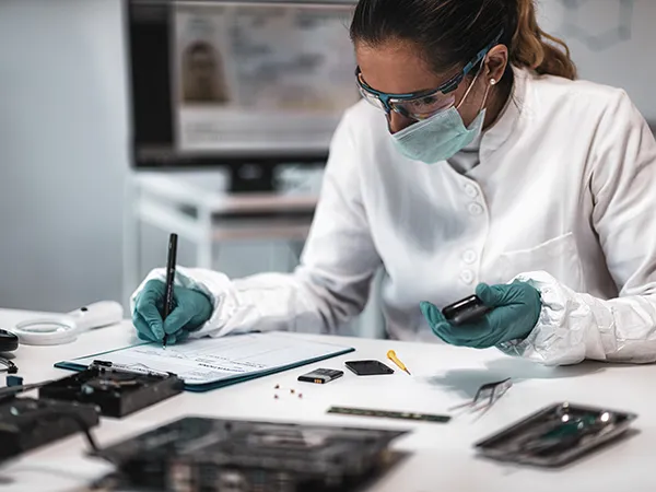 a forensic scientist studying a sample in a laboratory