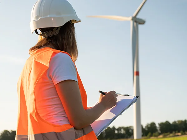 student with a clipboard standing in front of a windmill