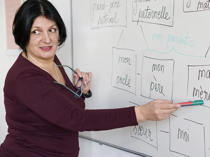 professor pointing at a whiteboard