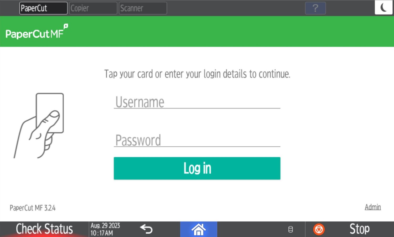 Papercut login screen