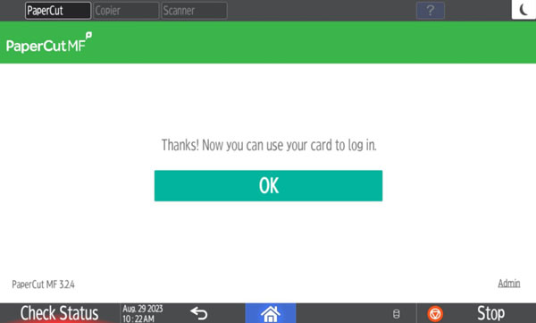 Card association successful screen