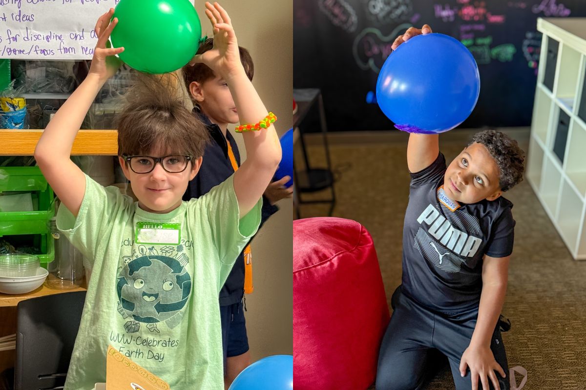 (left) student places balloon on head to show static electricity (right) student shows how a feather sticks to a balloon with static electricity