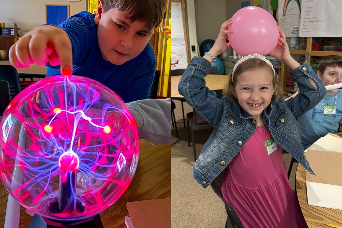 (Left) boy touches plasma ball to show reaction (Right) girl places balloon on head for static electricity