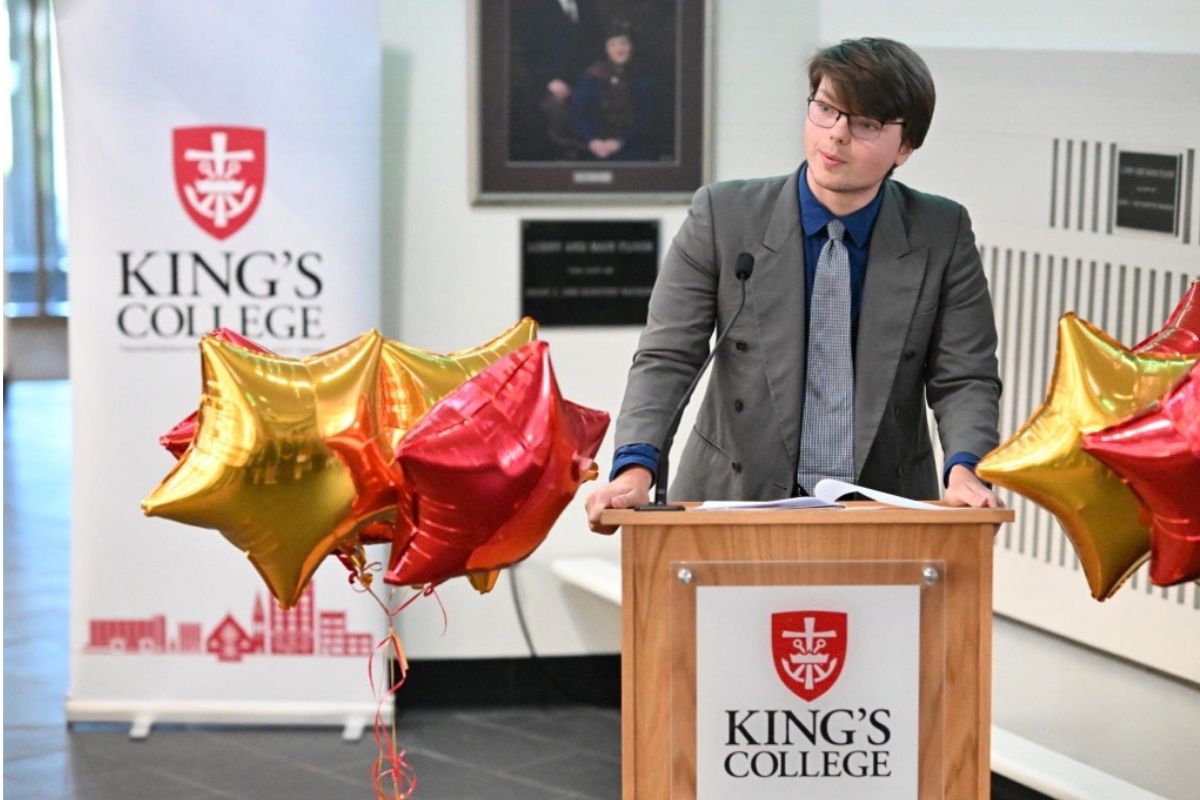 Zackary Bedwell, fourth-year computer science major speaking at the rededication ceremony.