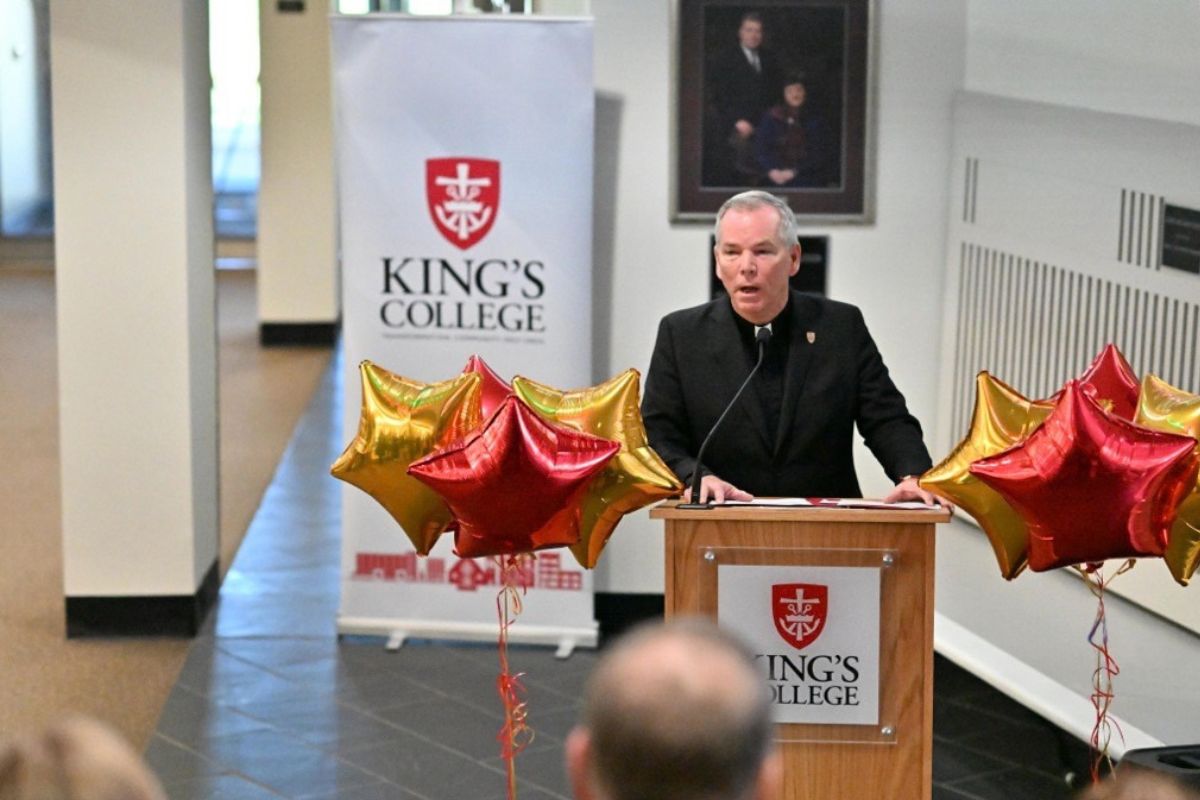 The Rev. Thomas P. Looney, C.S.C., Ph.D., president of King’s College, speaking at the rededication ceremony.