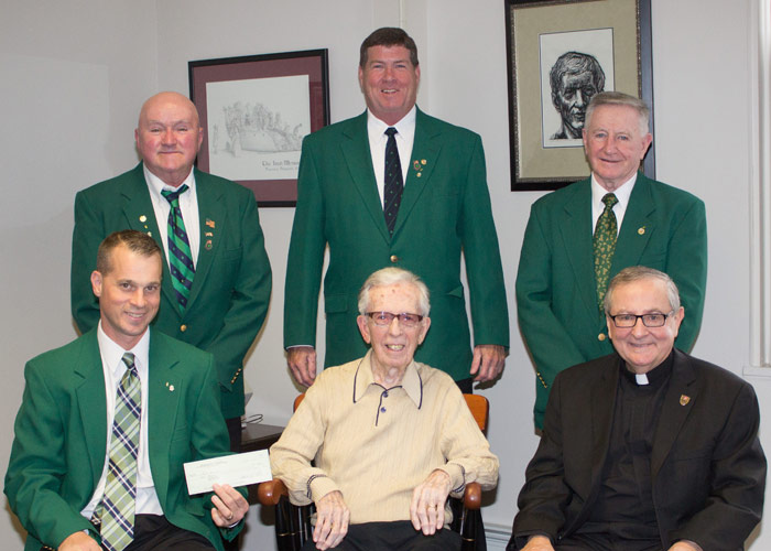 Pictured seated, from left, is Jim Qualters, president; McKeown, and Rev. John Ryan, C.S.C., president of King’s.  Pictured standing, from left, is Jim Gallagher, financial secretary; Joe Keating, chairman of the Standing Committee; and Tom O’Hara, past d