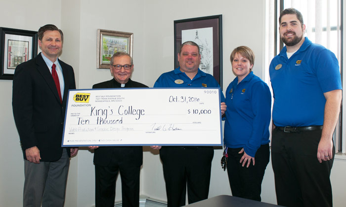 Shown, from left, is Scott J. Weiland, Ph.D., chair of the King’s Department of Mass Communications; Father Ryan; Sullick; Jillian Yuhas, hiring coordinator of the Wilkes-Barre Township Best Buy; and, Jeffrey Baka, home theater supervisor, Wilkes-Barre To