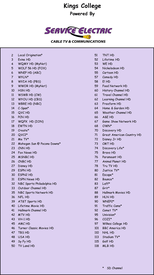 King's College TV Channel Lineup