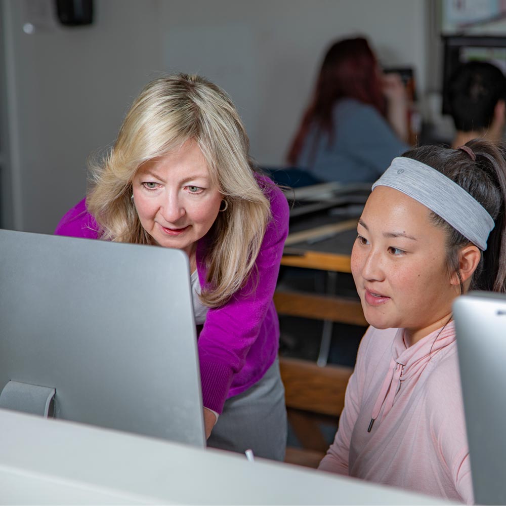 Student in a computer lab setting consults one-on-one with a professor.