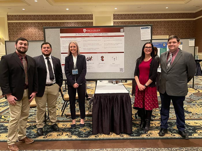 From Left, King’s College students Leonardo Brennan, Kingston, Pa., Class of 2023; Misael Hernandez, Berwick, Pa., Class of 2023; Jamie Lesek, Lake Ariel, Pa., Class of 2022 with professors Dr. Sunny Weiland and Dr. Andrew Wojcik. 