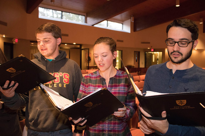 King’s College choir Cantores Christi Regis will perform a free Spring Concert on April 27 and April 28 in the J. Carroll McCormick Campus Ministry Center. Choir members, pictured from left, are: Jordan Wood, Casey Cryan and Sean Maloney.