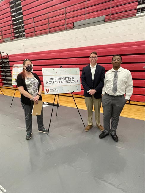 From left, Dr. Belanger with biochemistry students Evan Reboli and Tyshawn Love. 