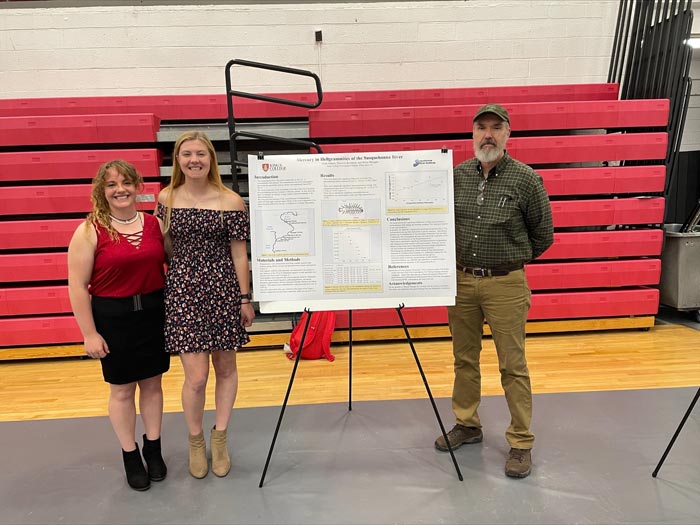 From left, environmental science students Josée Aitken and Danielle Kitchner with Dr. Mangan. 